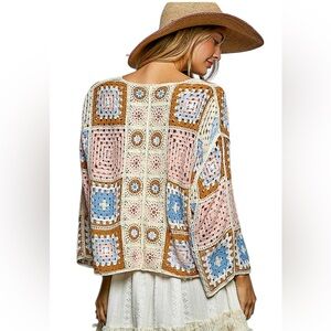 POL Pink, Ivory, Brown Crochet Granny Square Open Knit Cardigan.